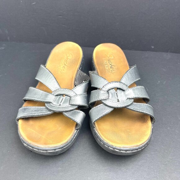 Skechers Women’s Luxe Foam Sandals Metallic Grey Slip-On Comfort Shoes Size 7 - Picture 2 of 8